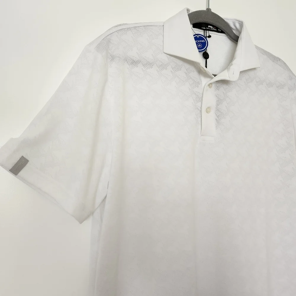 RLX Ralph Lauren Polo Shirt Mens Medium White Boat Print Golf Moisture Wicking